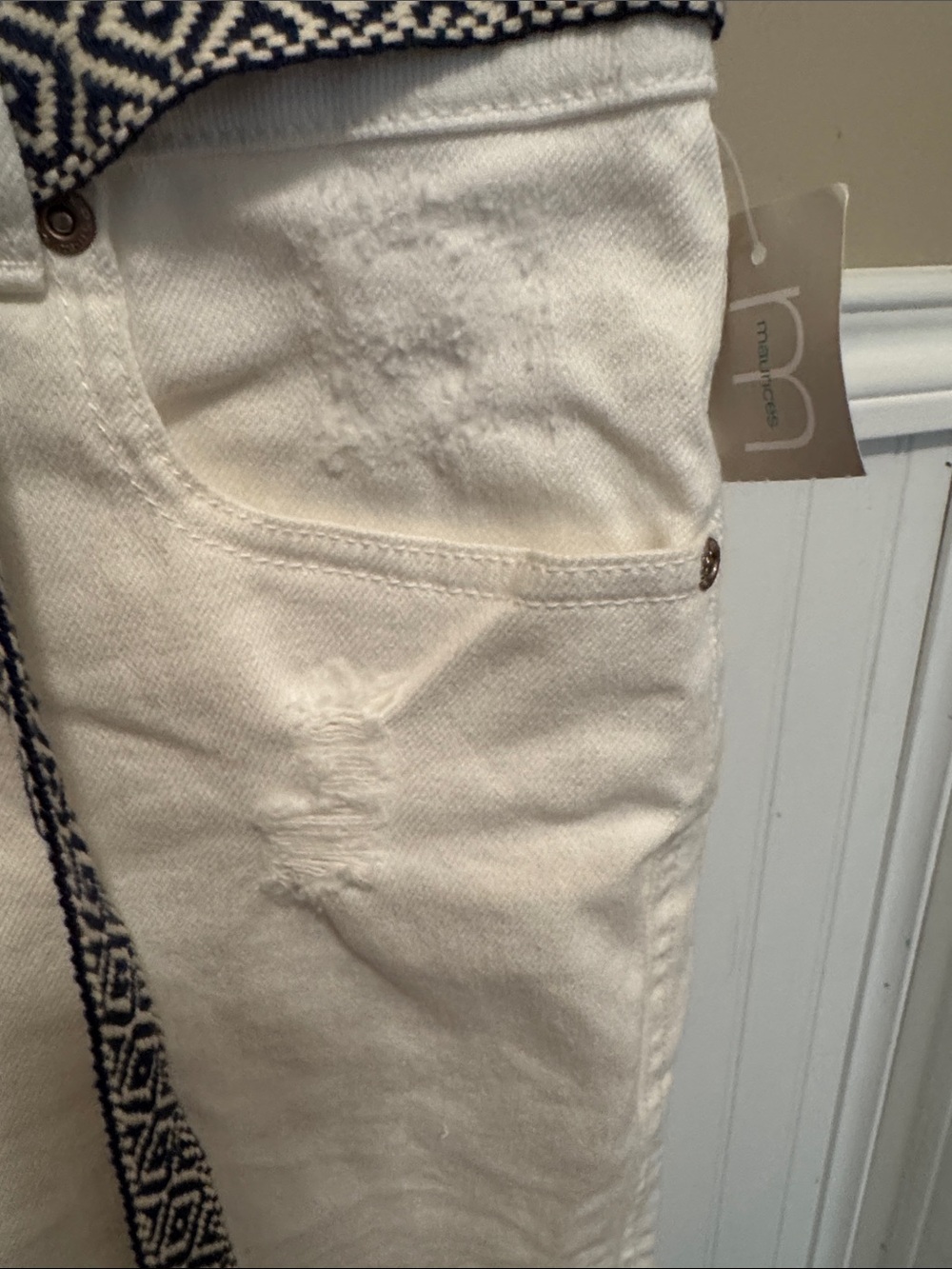 Maurices Cream Denim Shorts with Black Patterned Waist Tie - Picture 8 of 9